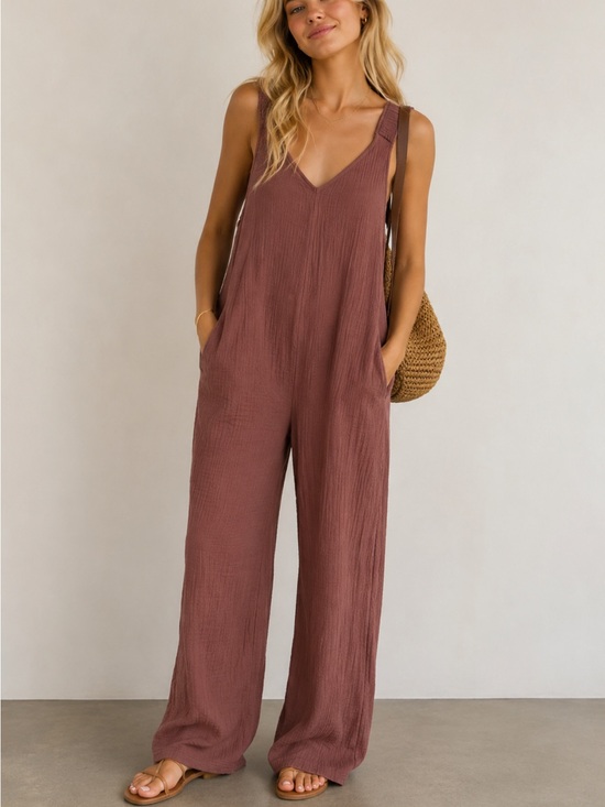 Zara Pants - Zara Mauve Gauze Wide Leg Jumpsuit Sleeveless V-Neck Boho  25458